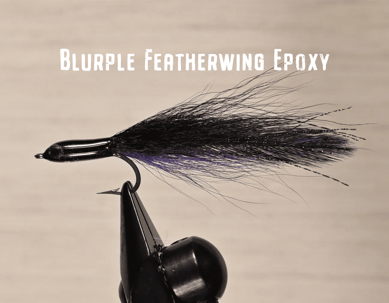 Close-up of a black and purple feathered fly fishing lure.