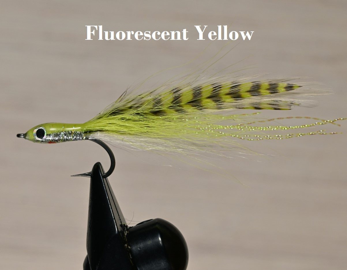 A fluorescent yellow fishing fly with black stripes tied on a hook.