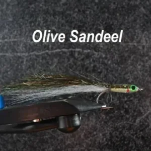 Close-up of an Olive Sandeel fishing fly for fly fishing.